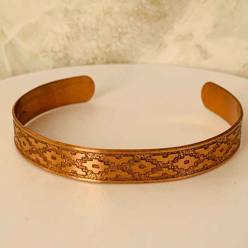 Vintage Aztec Patterned Copper Cuff Bracelet - image 4